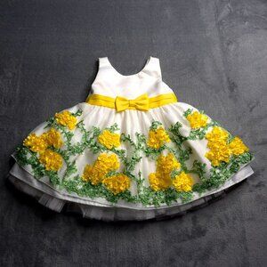 American Princess Baby Girls Floral Dress Tulle Yellow Bow Size 12M Spring